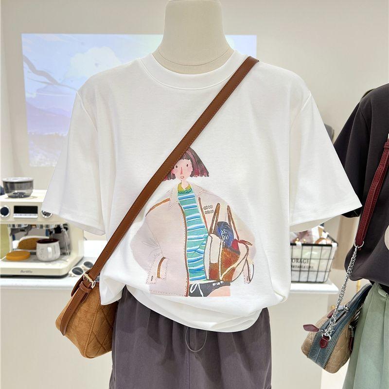 

Women s 2Pcs Cartoon Print Crew Neck Short Sleeve Casual Cotton T-Shirt S белый