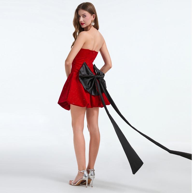 Summer Women Sexy Strapless Open Back Beading Velvet Slim Mini Short Evening Party Ball Gown Dresses