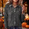 Women's Halloween Print Knit Long Sleeve Top with Lapel Collar