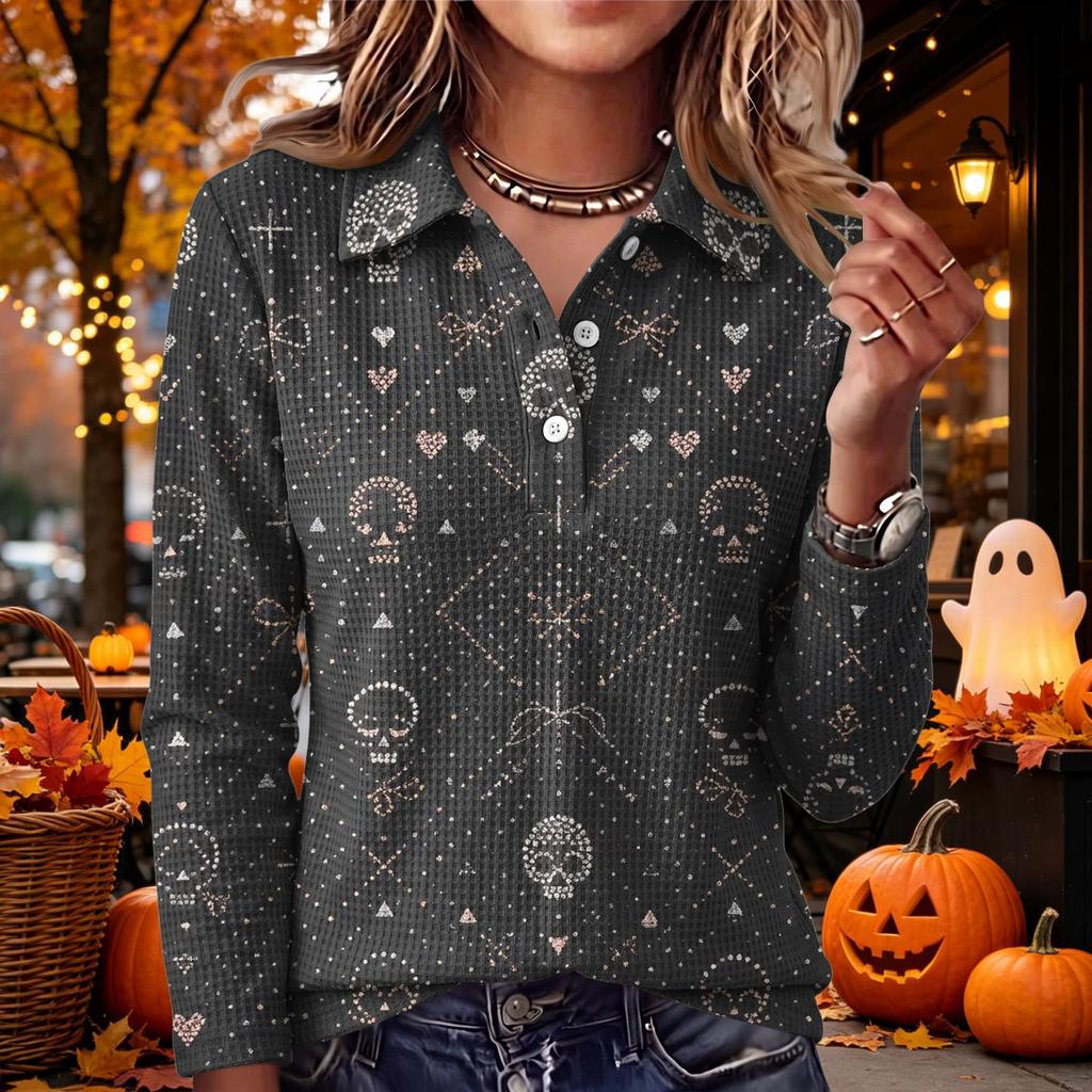 Women's Halloween Print Knit Long Sleeve Top with Lapel Collar