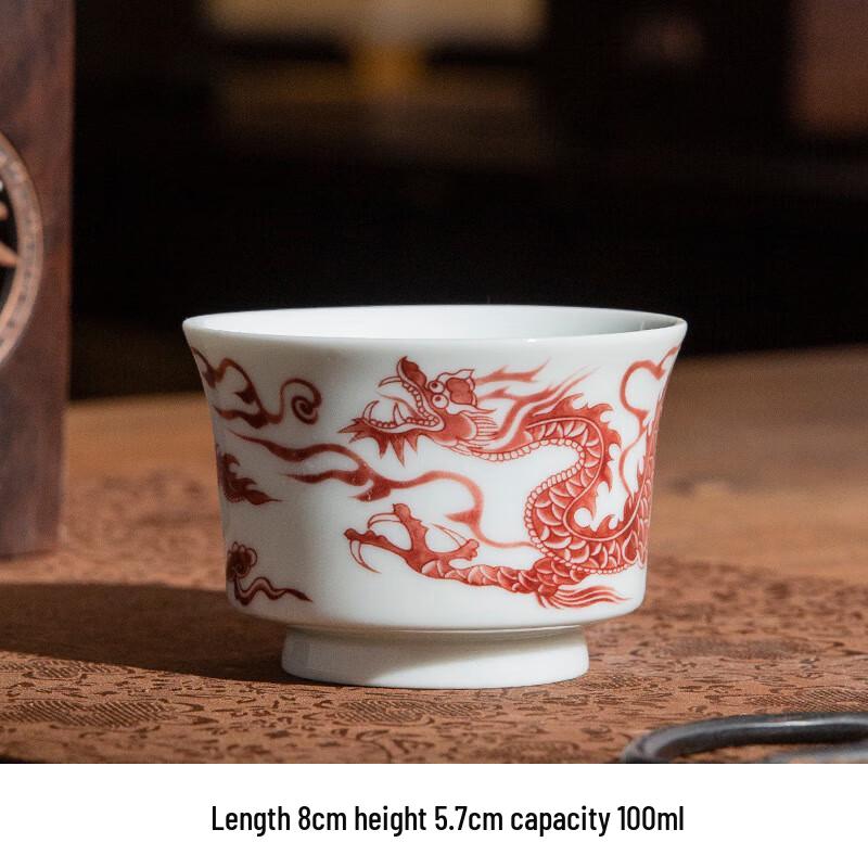 Vintage Glazed Red Dragon Ceramic Teacup Set
