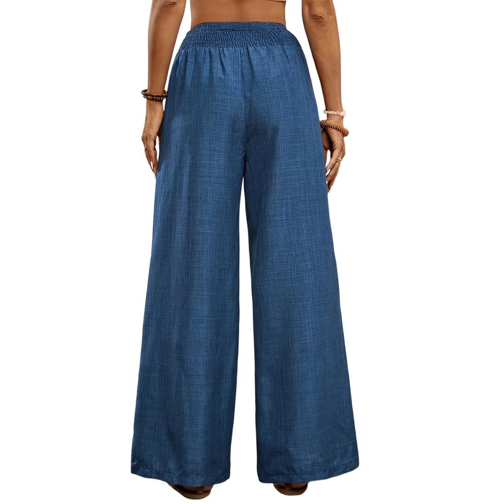Damen Einfarbig Plissee Taille Kordelzug Locker Weites Bein Gerades Bein Hose