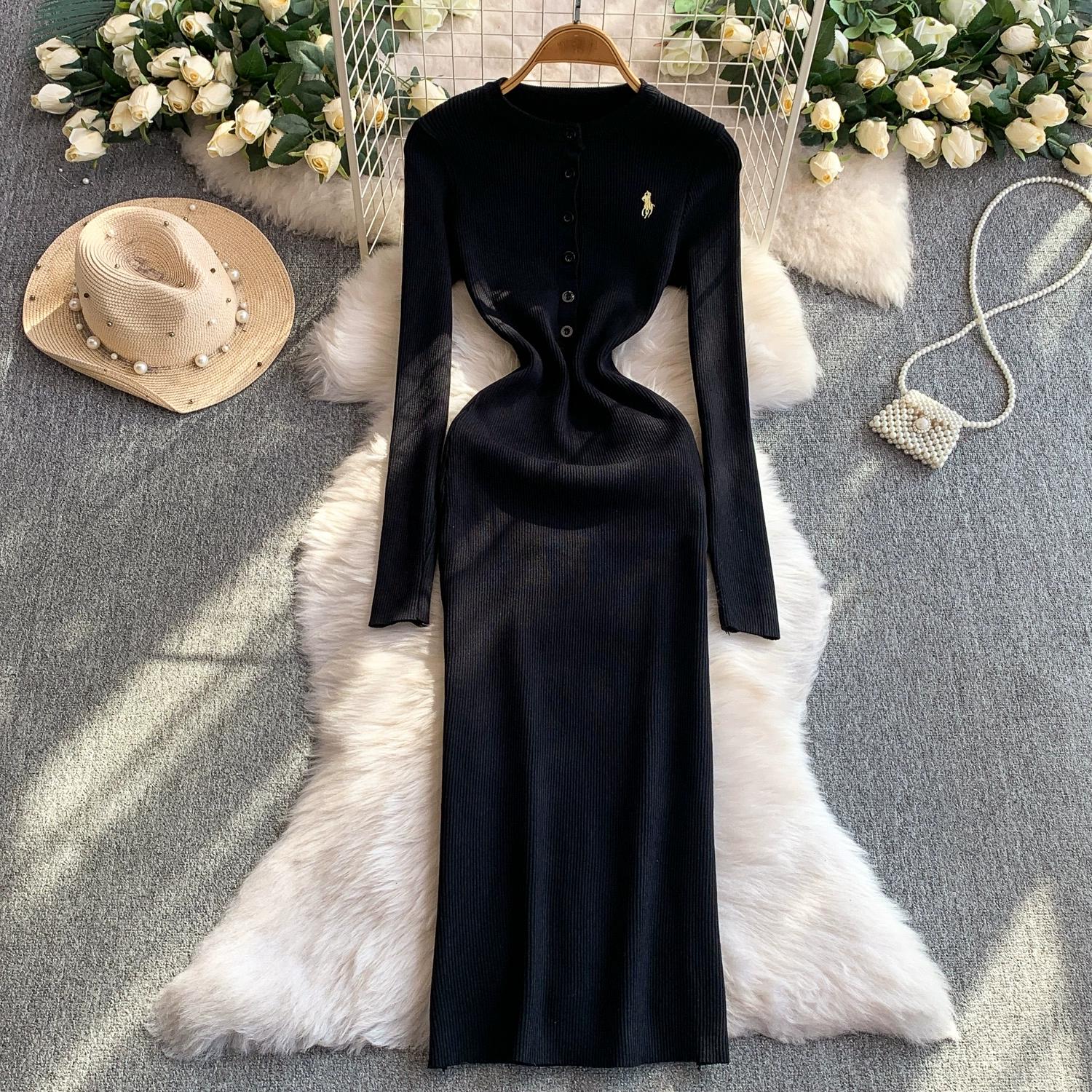 

Spring Autumn Women Casual O-neck Embroidery Knitted Sweater Long Midi Slim Dresses One Size чёрный