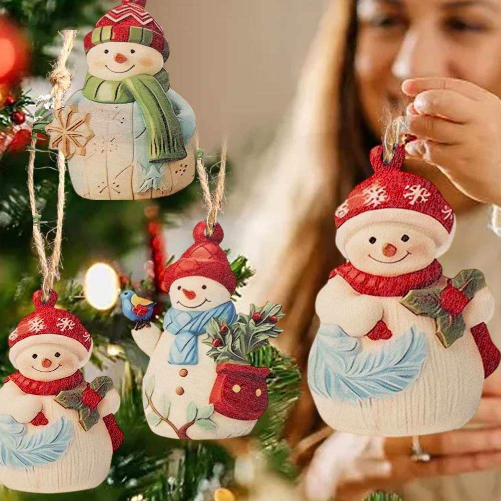 18PCS Christmas Pendents Set Cartoon Wooden Snowman Ornament with Lanyard Festive Christmas Party Home DIY Decoration