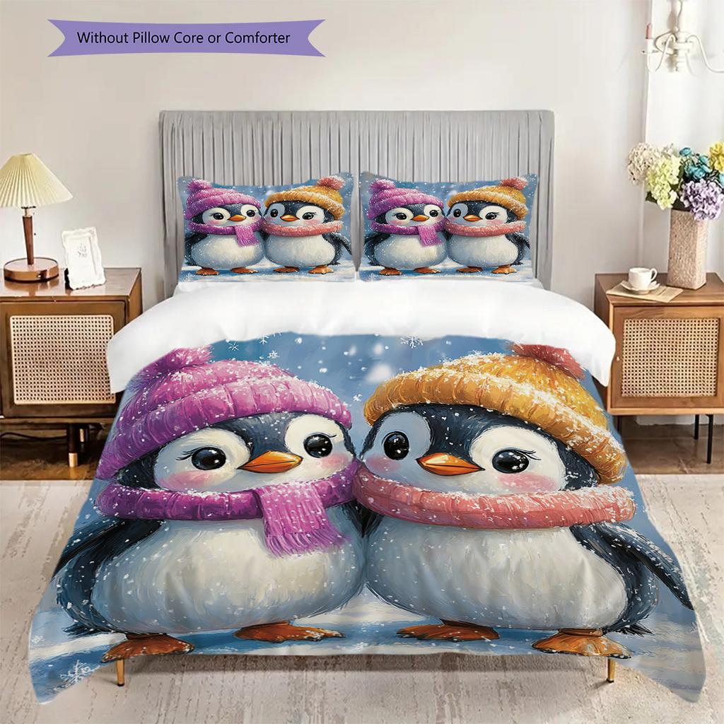 Penguin Pattern Bedding Quilt Set Quilt Cover Pillowcase Home Decoration Birthday Gift (1 * duvet cover + 2 * pillowcase, without core)