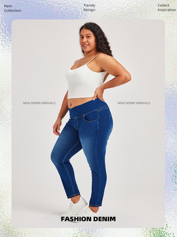 Cross-Waist Plus Size Skinny Jeans with Butt-Lifting Pockets & Monkey Wash