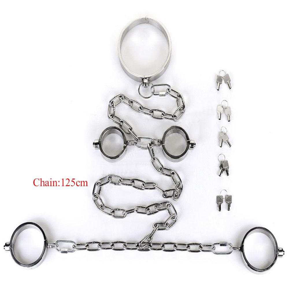 Těžká nerezová ocelová pouta na ruce a kotníky Set Otrok Omezovací sada Kovový obojek Odnímatelná pouta Sexuální hračky pro páry