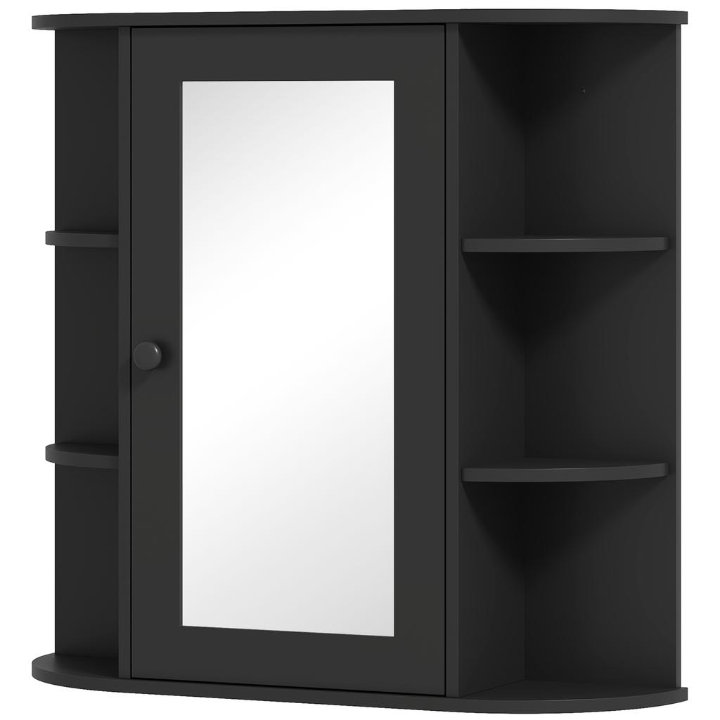 Bathroom Mirror Cabinet with 6 Open Shelves and 2 Closed, In Wood and Glass, 66x17x63 Cm, Black