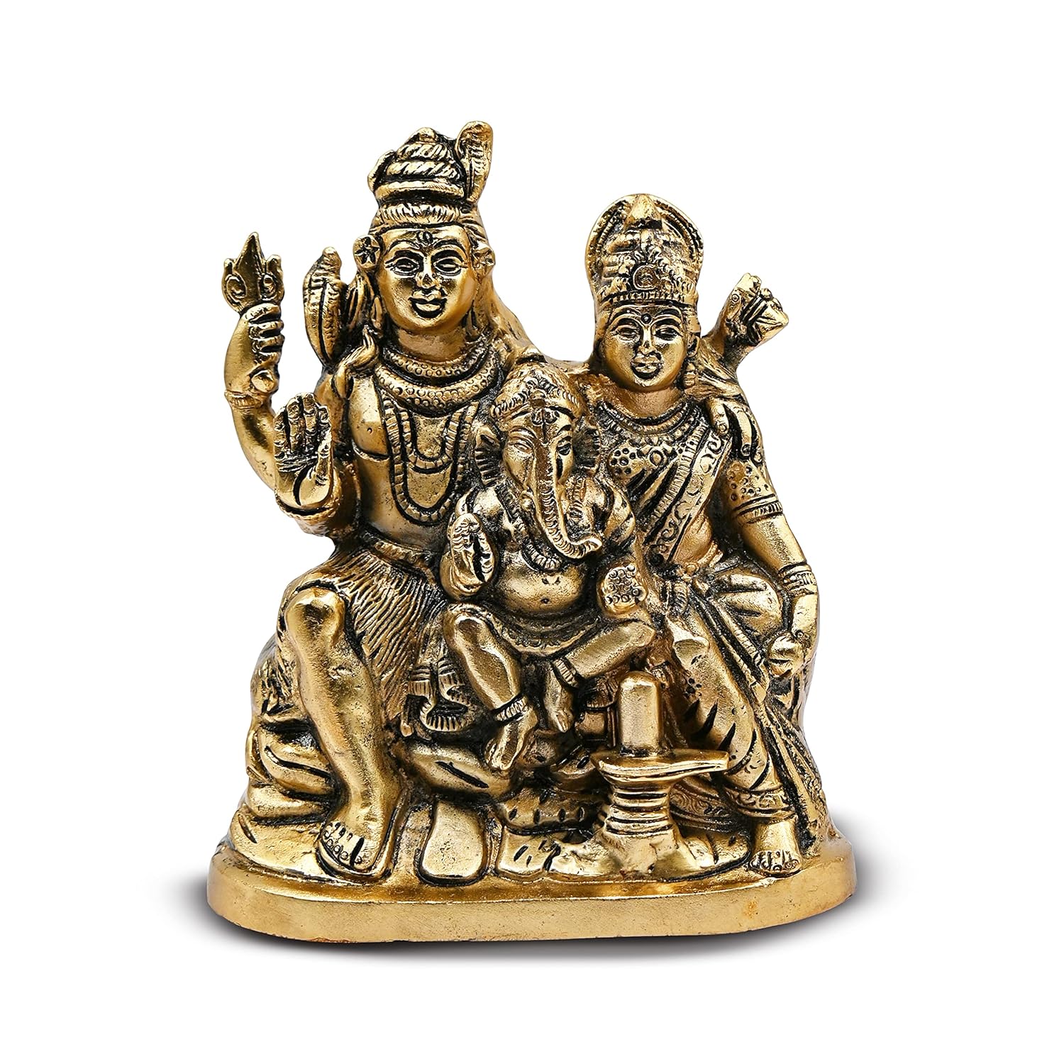 Идол Господа Шивы, Парвати, Ганеши со Шивалингой - Декоративная статуэтка, Латунь, Золото