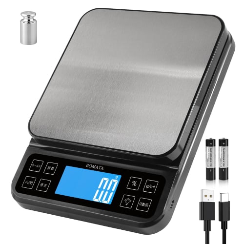 BOMATA Large Kitchen Scale, 0.1g/5kg High Precision, Percentage Function, 100g Weight Included, USB Rechargeable, Dual Power Supply, Backlight, Full-V
