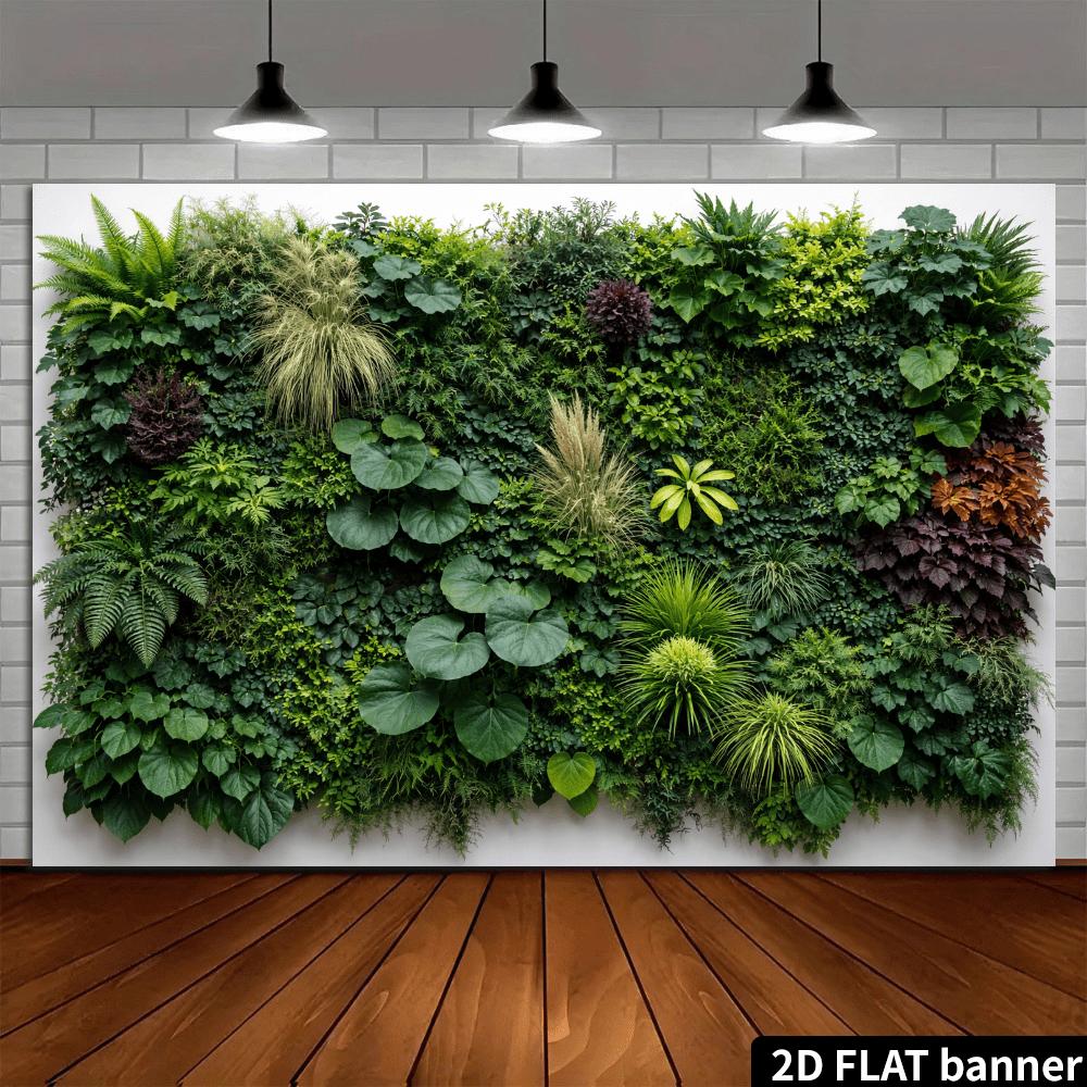 2D-Ebene hochdichte grüne Pflanzenwand-Kulisse, Studiohintergrund, Blätter der Riesenorchidee und Adergras