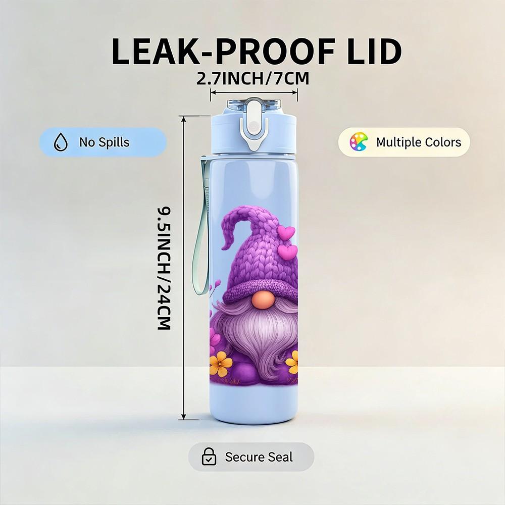 1PC Purple Garden Gnome Art 750ml Color Plastic Sports Water Bottle Leakproof Flip Straw Lid Suitable for Sports Office Home Use