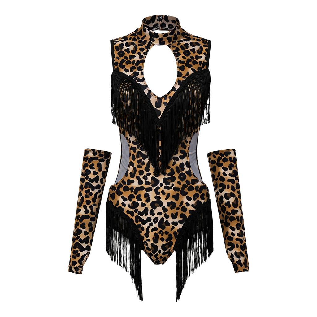 Women Leopard Print Latin Bodysuit Oversleeve Tassel Keyhole Backless Hollow Waist Button Crotch Leotard