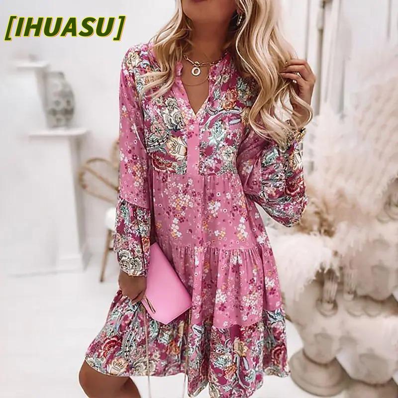 IHUASU Fashion Autumn Winter Long Sleeve V-Neck Casual Dresses