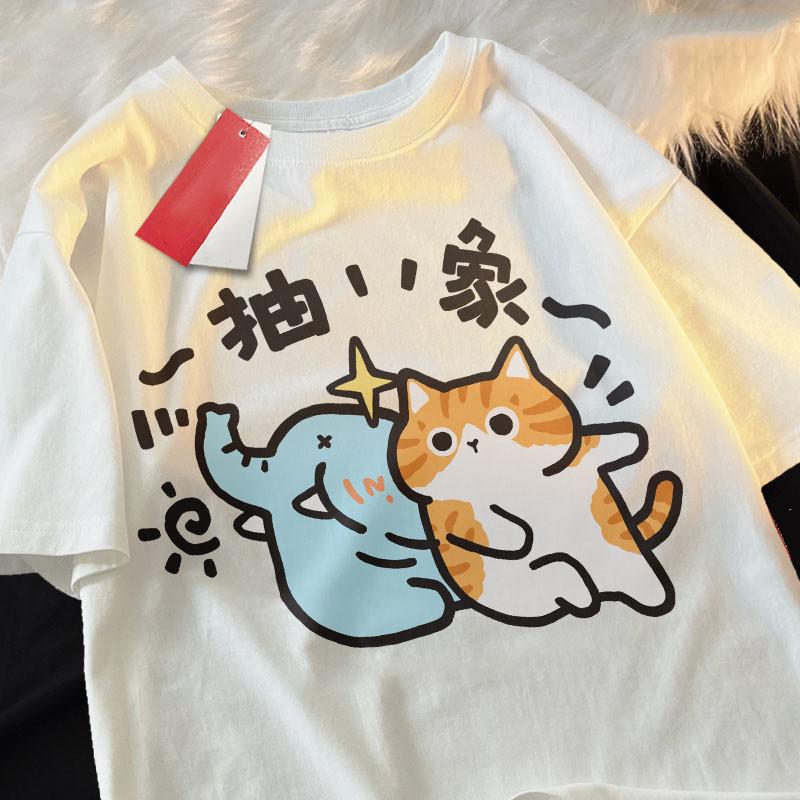 Cute Cartoon Cat Print Short Sleeved T-shirt  Summer Round Neck Top  Pure Cotton Chinese Short