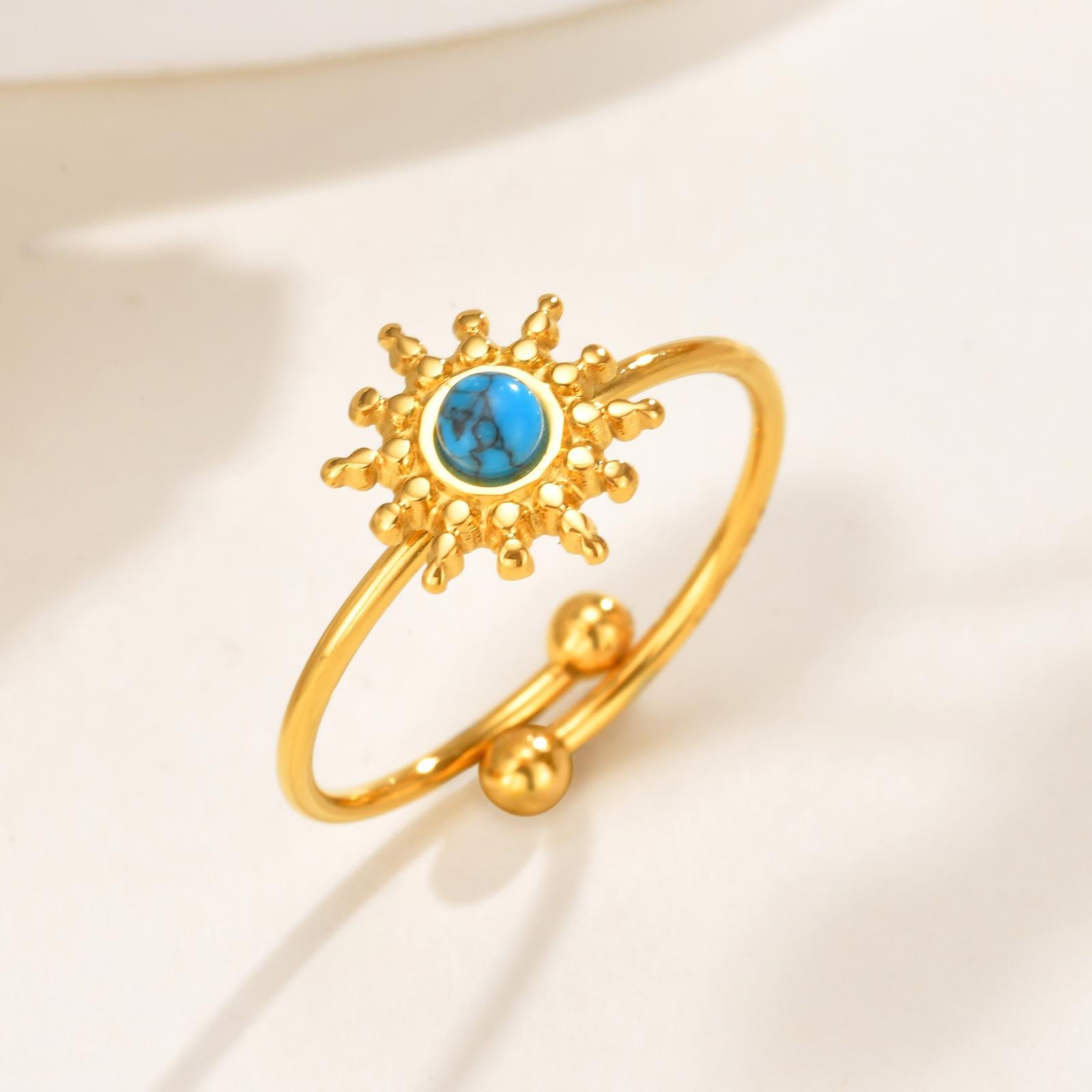 

Unique Natural Stone Ring for Women,Stainless Steel Oval Turquoise Opening Rings,Gold Color Sun Ring Jewelry Gifts