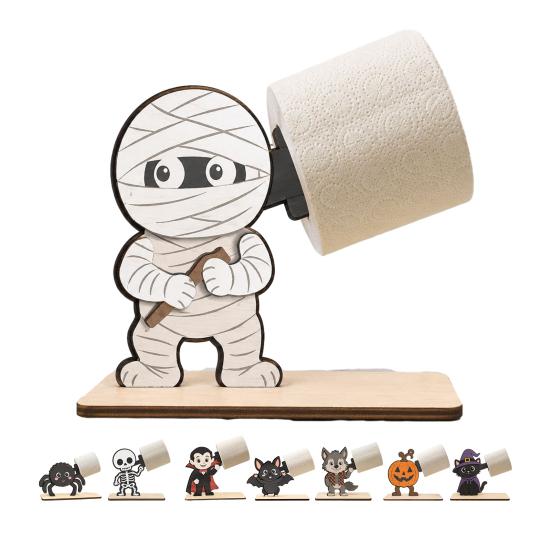 Black Cat Holiday Gift 2Pcs Halloween Paper Towel Holder, Cartoon Animal Tabletop Roll Dispenser, Wooden Funny Skeleton Decor Tissue Stand for Kitchen