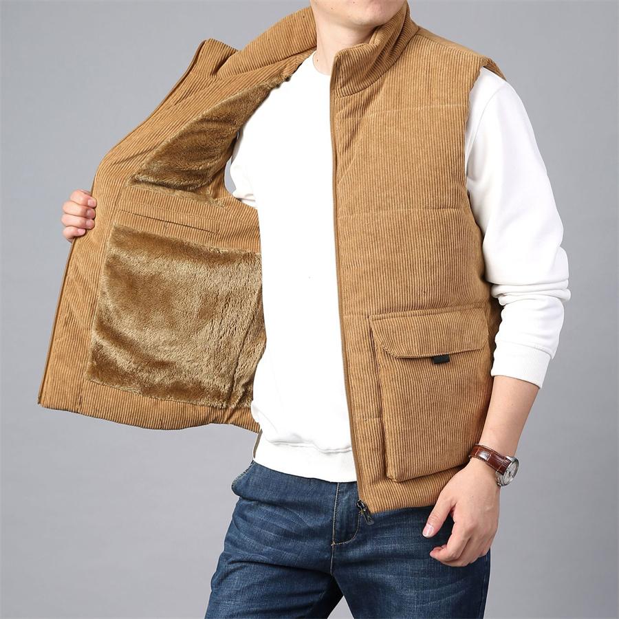 Winter Men's Corduroy Vest Plus Velvet Cotton Padded Warm Jacket Sleeveless Coat Stand Collar Waistcoat Outerwear Oversize