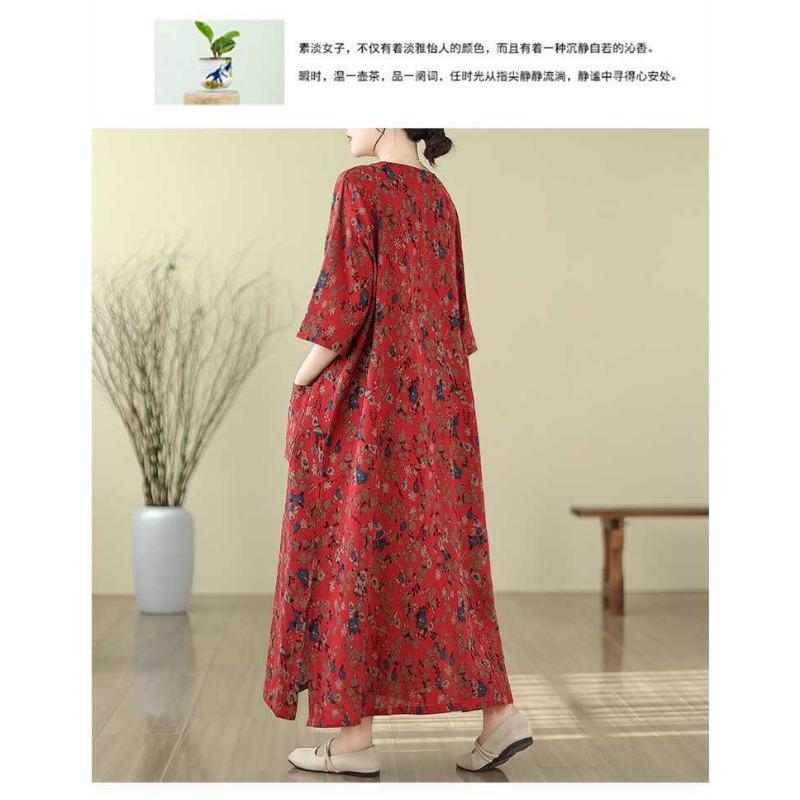 2025 Literary Retro Travel Plus Slim Cotton V-Neck Dress