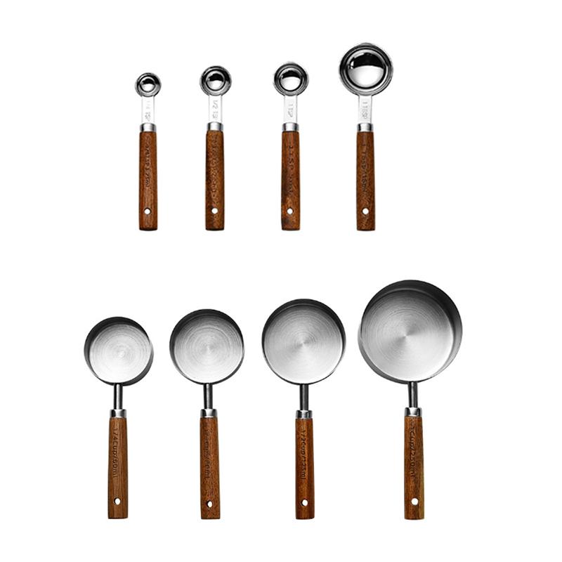 4/8Pcs Wooden Handle Stainless Steel Measuring Cups Spoons Baking Tools Coffee Measuring Spoon Set Bartending Scale Accessories