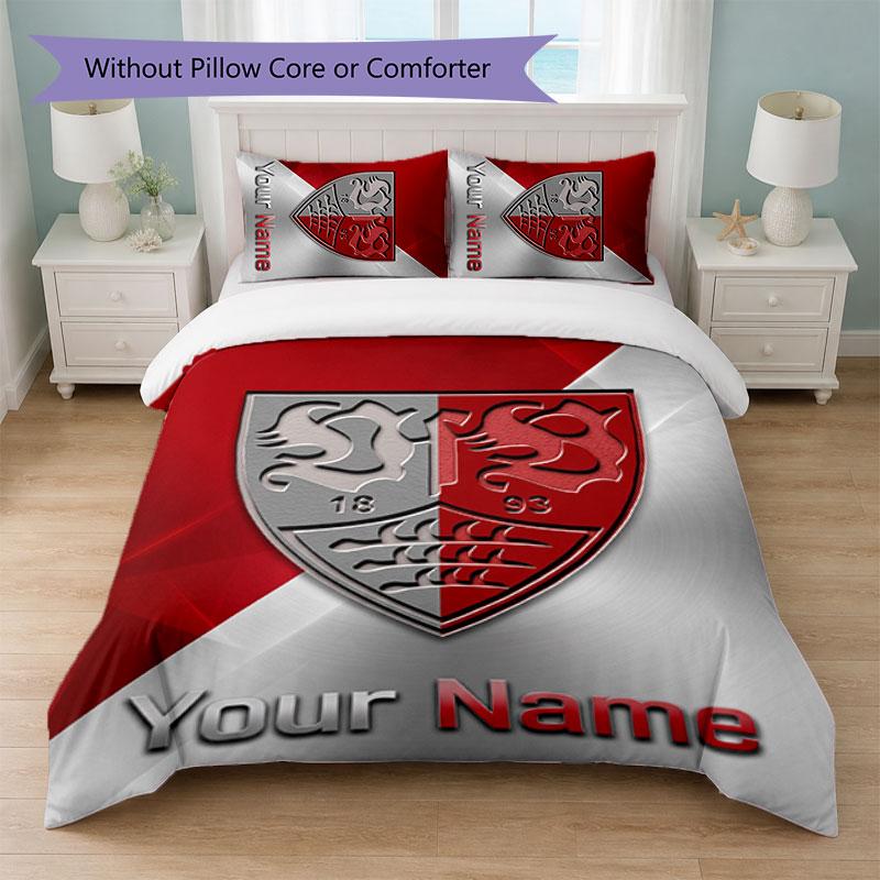 Set Biancheria da Letto Personalizzato VfB Stuttgart FC con Nome Testo 1 Copripiumino+2 Federe Logo Calcio Regalo Personalizzato per Occasioni Speciali Decorazione Camera da Letto