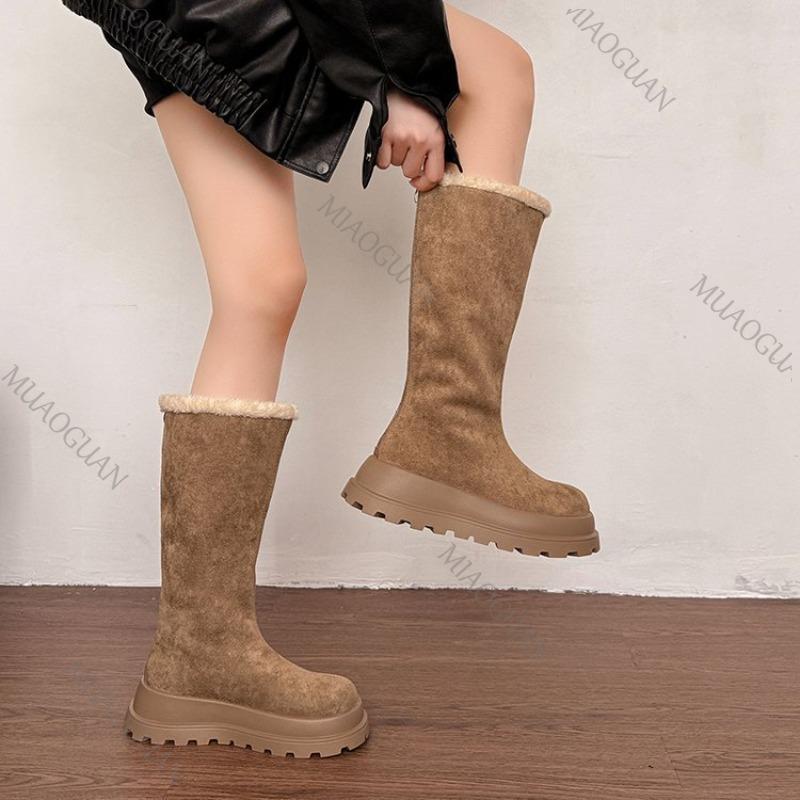 Thick Bottom Snow Boots  Winter Round Toe Fleece Warm Platform Women's Shoes Fashion Suede Warm Mid-calf Cotton Botas Femininas