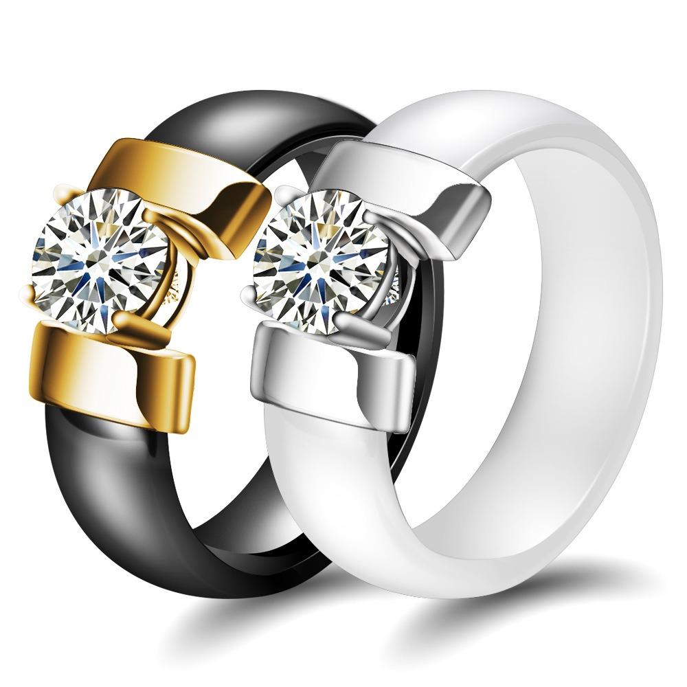 6MM Ceramic Couple Rings Black White Zircon Minimalist Stylish Wedding Bands for Men Women