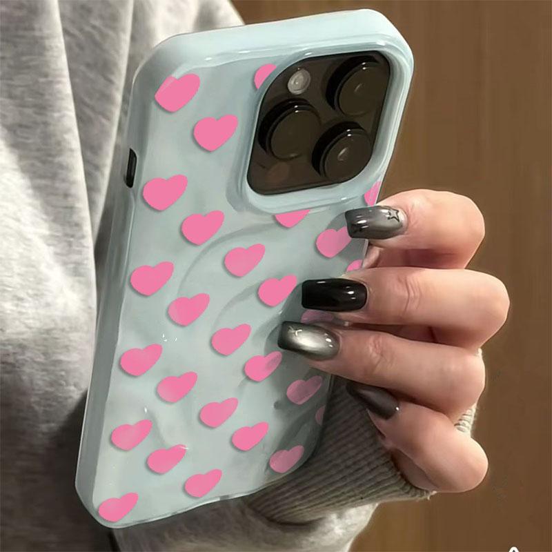 INS Korean Pink Heart Folds Texture Case For iPhone 17 16 15 14 13 12 11 Pro Max 16 Plus Candy Color Shockproof Soft Back Cover