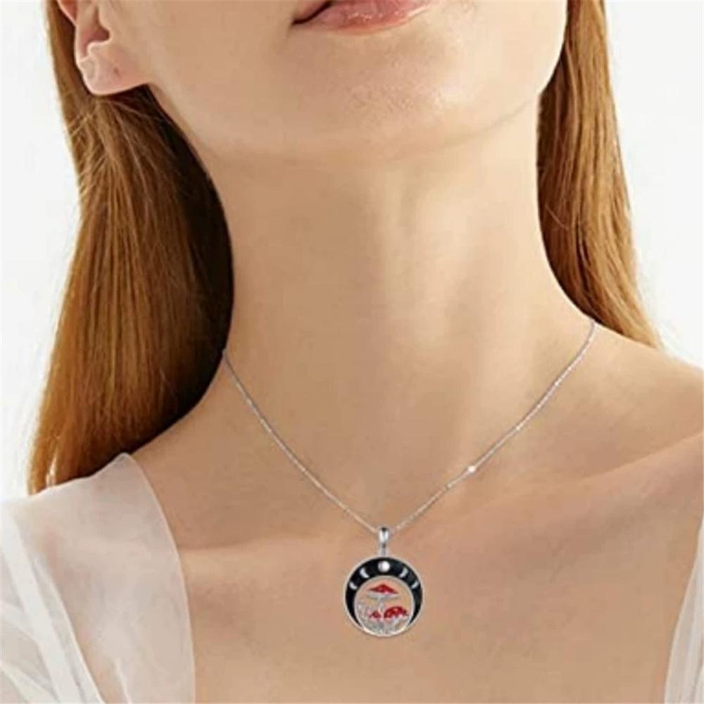 Charm Female Moon Mushroom Pendant Necklace Vintage Silver Color Wedding  For Women