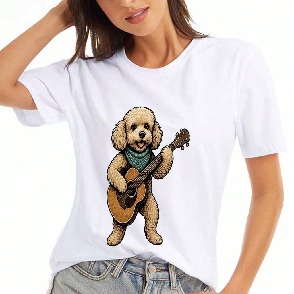 Guitar Dog Ladies' Cotton T Shirt, Premium Cotton Graphic, Durable, Casual And Fashionable. Featuring A Musical Dog With Bandana Design, A Fun And Sty