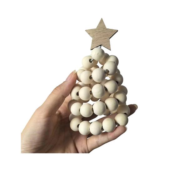 Nordic Wooden Spiral Christmas Tree Ornament Rustic Beaded Boho Christmas Tree Figurine for Home Office Farmhouse Centerpiece