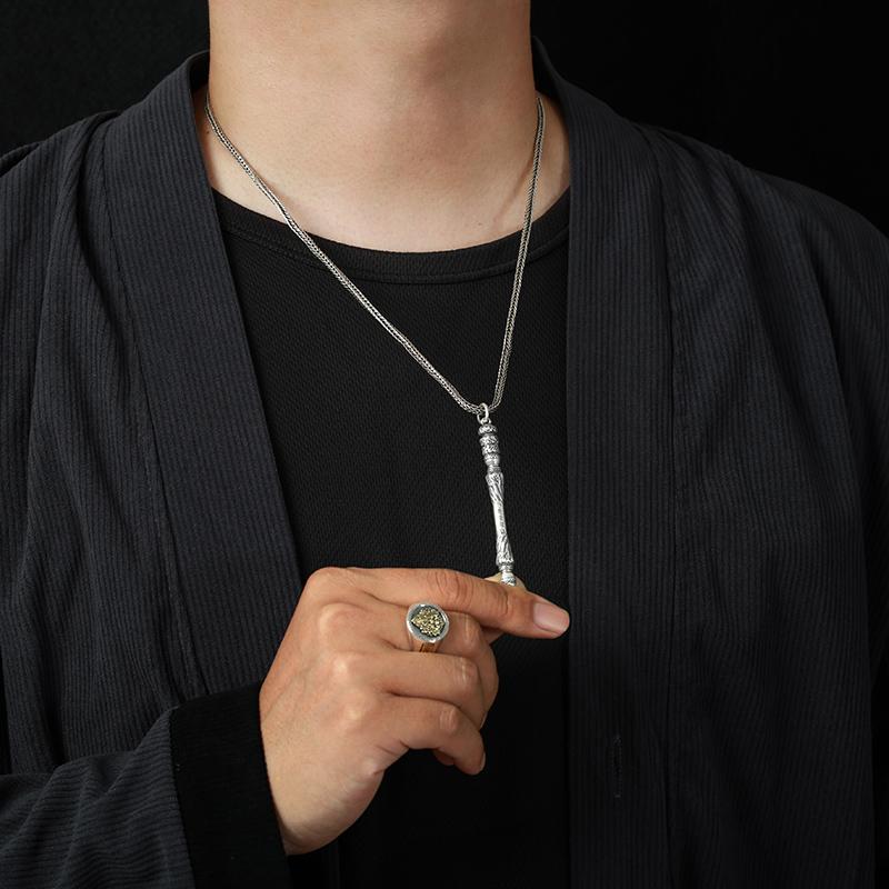 Collar Colgante Rey Mono Ruyi de Mitología Guofeng de Chiba - Plata Tailandesa y Oro Palo de Monje, Estilo Retro Unisex