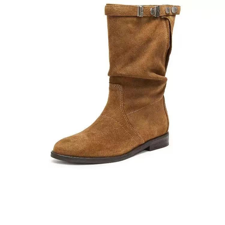 Cowhide Edition~ Wilderness Pastoral Vintage Western Boots 2025 Autumn and Winter Atmosphere Brown Versatile Flat Folded Stacking Boots