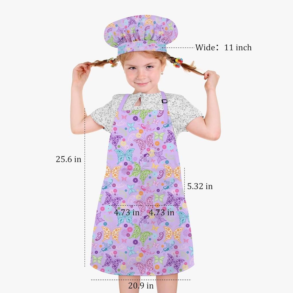 Kids Chef Hat and Apron Set with 2 Large Pockets Girls Boys Adjustable Chef Costume Kids Aprons for Cooking Baking