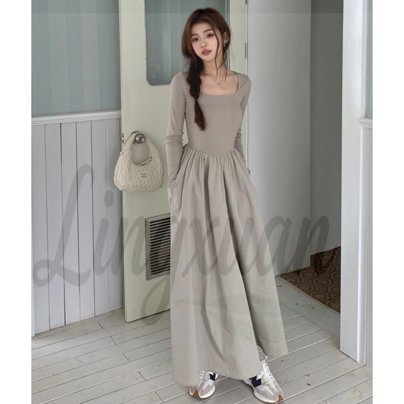 Spring 2026 Women s Square Neck Long Sleeve Slimming Knit Dress Large