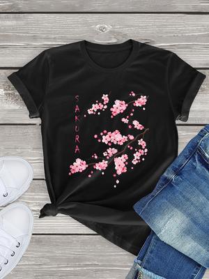 T-Shirt mit Sakura-Kirschblüten-Print, lässiges Rundhals-Kurzarm-T-Shirt, Damenbekleidung Unisex-Oberteil