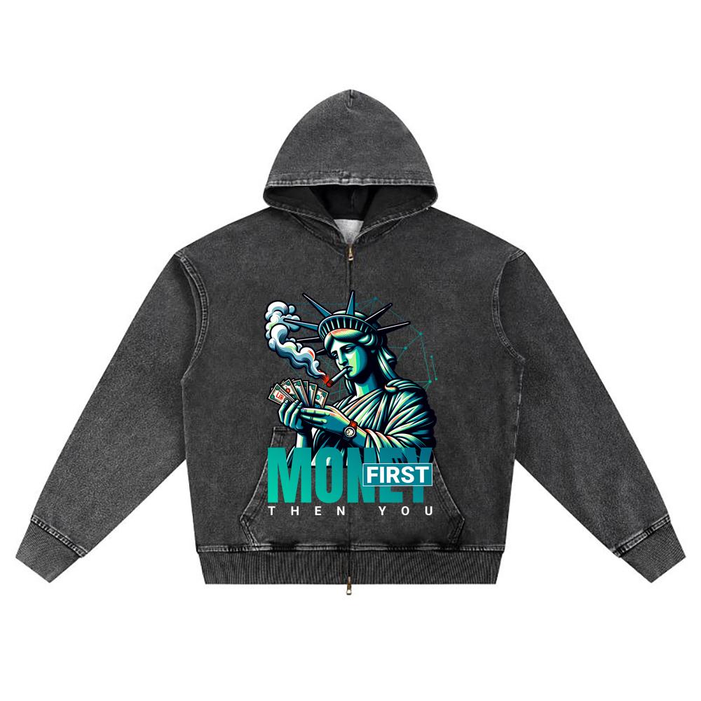 

DTG print Knitted Denim Zip-Up Hoodie Money First, Then You Brother Print Zipper Hoodies S