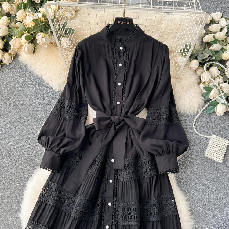Luxury Party Dress for Women Long Lace Hollow Out Bandage Runway Patchwork Solid Lantern Sleeve Single Breasted Stand Dress