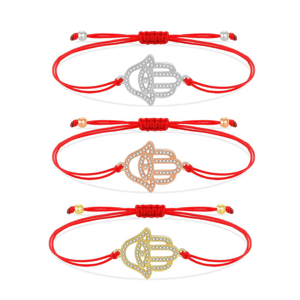 Good Quality Hamsa Hand Charm Bracelet Women New Fashion Cubic Zirconia Stones Gold-plated Copper Red String Jewelry