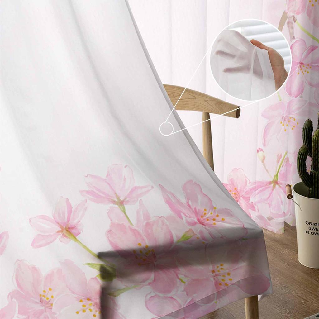 Watercolor Cherry Blossom Sheer Curtains for Living Room Decoration Window Curtains for Kitchen Tulle Voile Organza Curtains