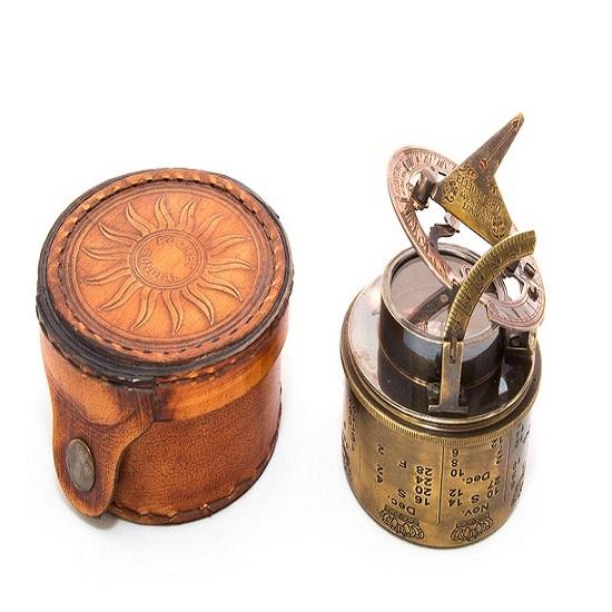 

Drum Sundial Compass Brass Maritime with Leather Case Christmas Present Gift