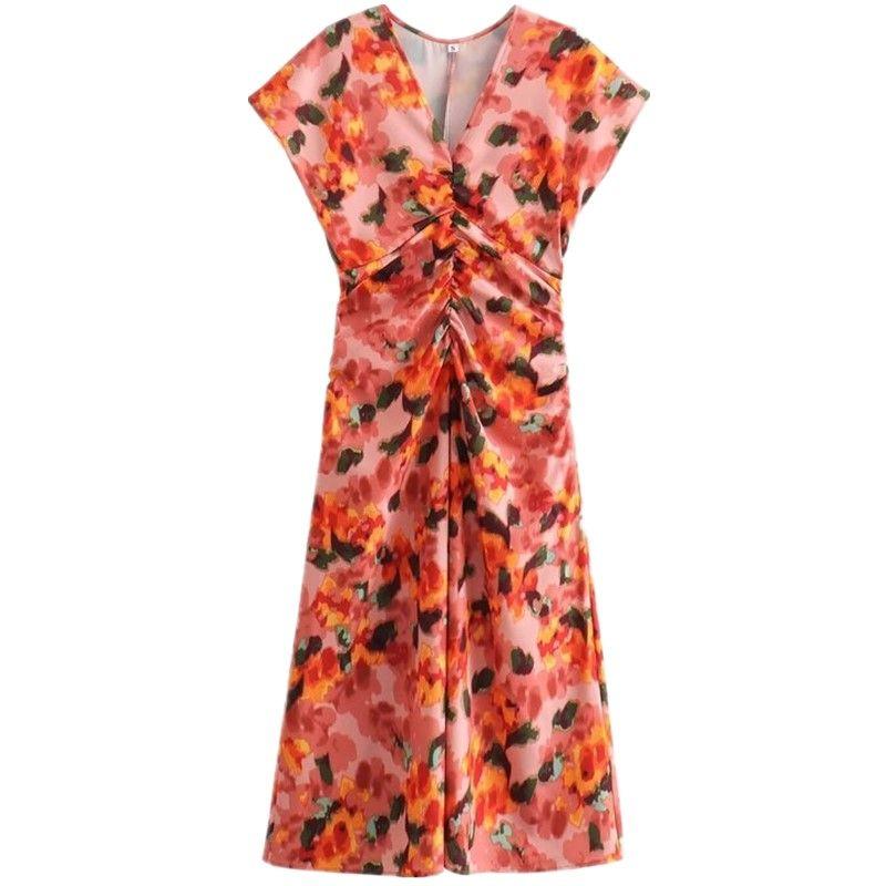 Fashion Style 2024 Spring New Arrival Women's Clothing Fashion Vacation Casual Style Draped V Neck Long Printed Dress 1215428