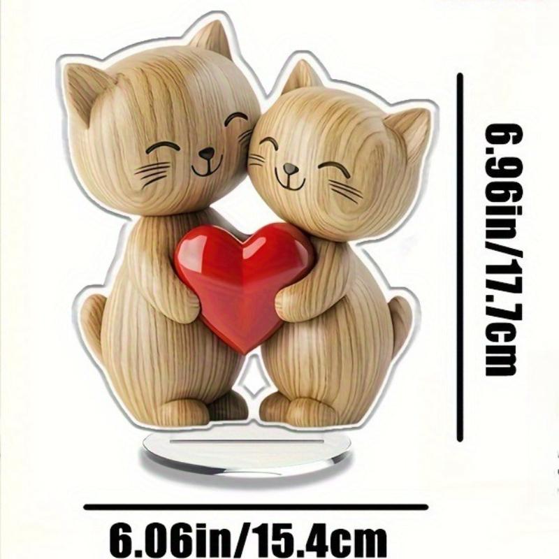 Wooden Kitten Couple Sculpture Light Dark Wood Grain Charming 2D Flat Cat for Wedding Anniversary Gift Desk Decoration, Acrylic Desktop Ornament