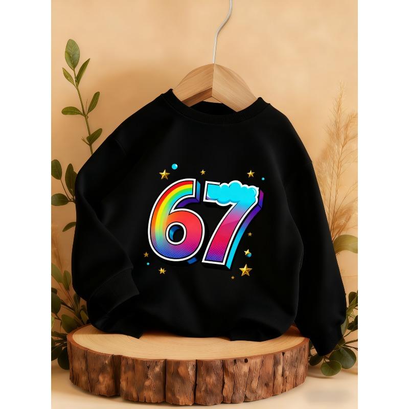 Kids Unisex Crewneck Sweatshirt, Rainbow Gradient 3D 67 Cloud Star Print Long Sleeve Pullover, Casual Sweatshirt for Boys Girls Over 4 Years Old
