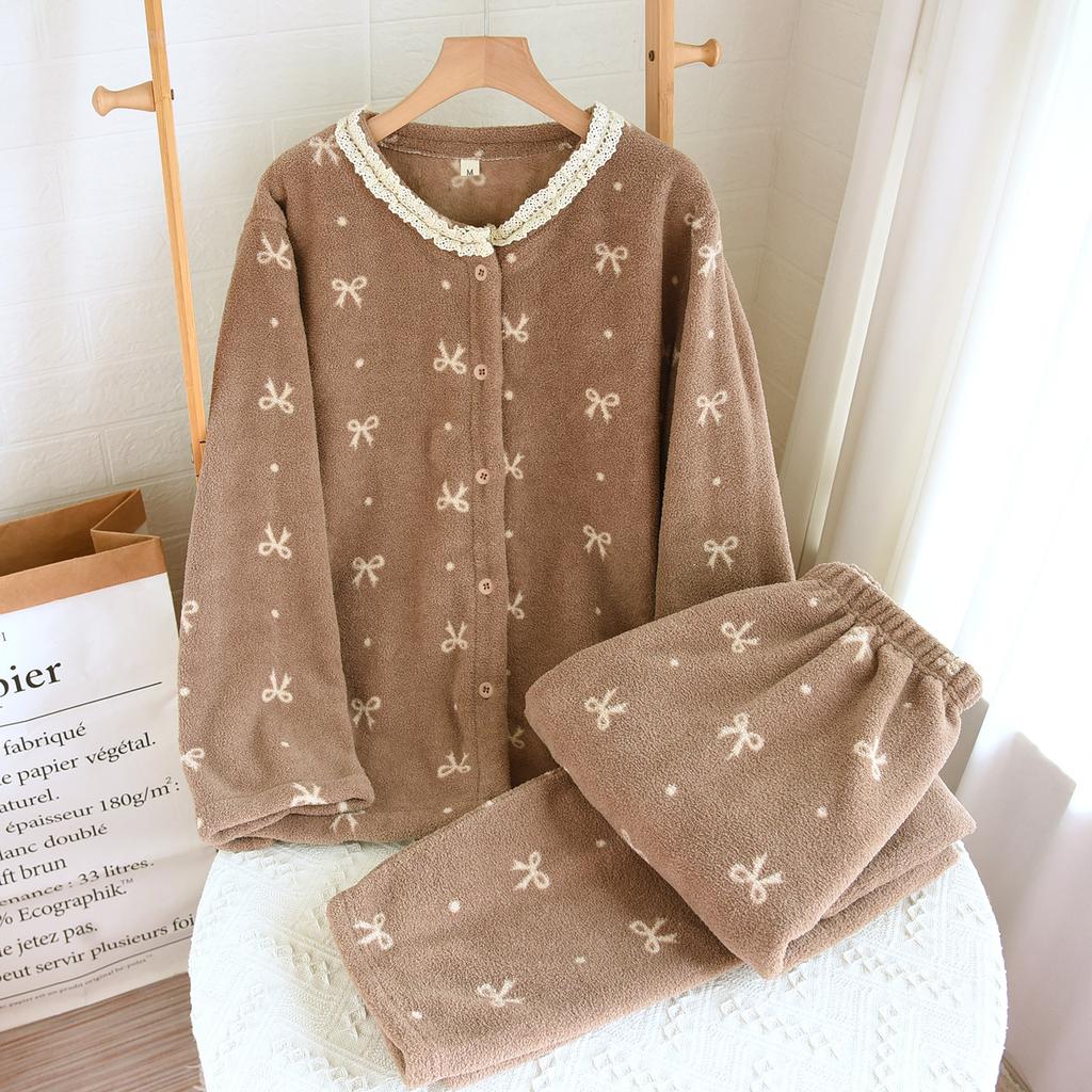 Herbst- und Winter Damen Frischer und Bequemer Pyjama Dick Warm Einfaches Hausanzug-Set