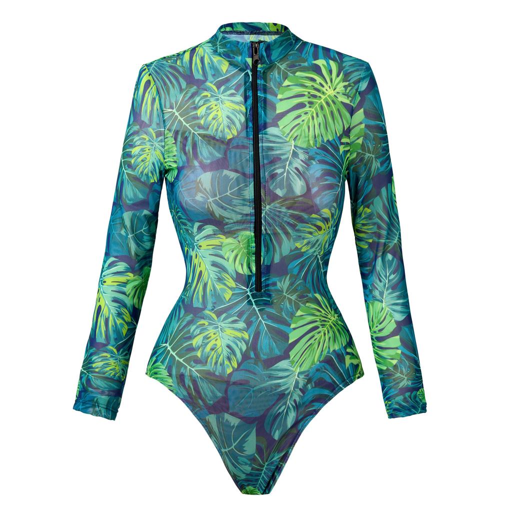 Printed One-piece Swimsuit Women's Zipper Sports Sunscreen Quick Drying