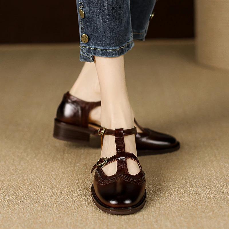 Móda Nové Jaro 2025 Boty Mary Janes z Pravé Kůže Nízký Podpatek Dámské Boty Retro Kulatá Špička Boty pro Ženy Blokové Lodičky retro Dámské Boty