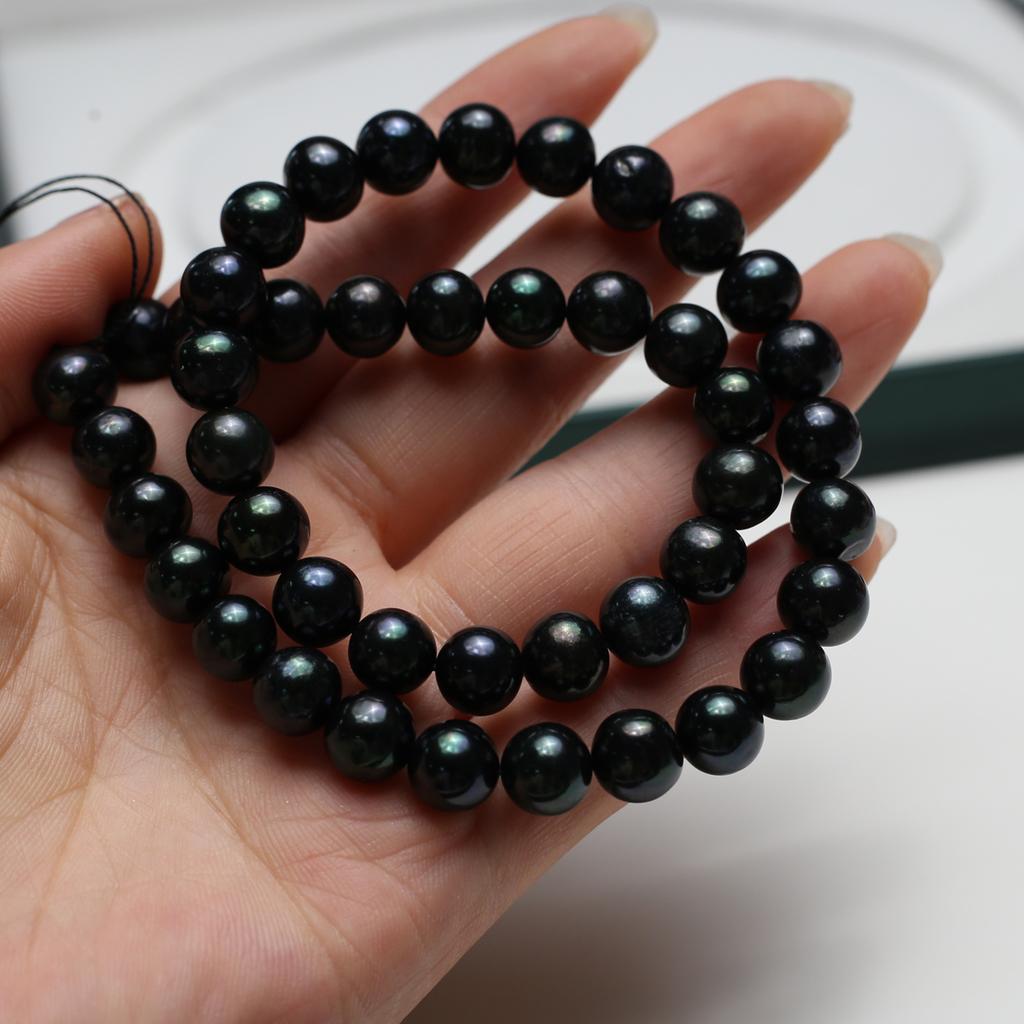 1String, Handmade Round Pearl, 9-10mm, Black Natural Freshwater Pearls Beads for Jewelry Making DIY Necklaces Bracelets Crafts Length 36cm