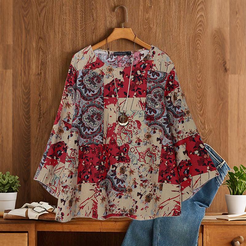 

Жіноча повсякденна бавовняна блузка з круглим вирізом ZANZEA з довгим рукавом 4XL