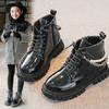 Girls's Fashion Pearl Chain Boots Autumn Winter Glossy PU Leather Single Boot Princess Leather Shoes Soft Bottom Black Shoes